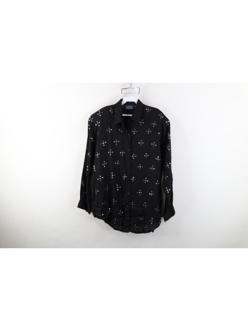 Vtg 90s Streetwear Womens 14 Rayon Gabardine Sequin Beaded Collared Button Shirt